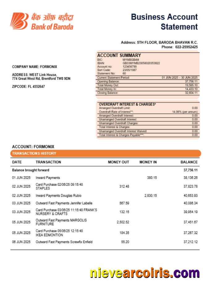Bob Bank of Boroda bank organization checking account statement